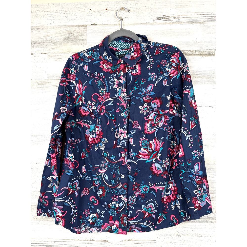 Talbots Womens M Navy Blue Multi Floral Modern Fun Flare Button Up Shirt Top